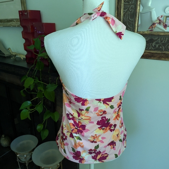 Lands End Tankini Halter Top Women's 12 Pink/Yellow Floral Mesh Accent Bra 111 - Picture 5 of 9